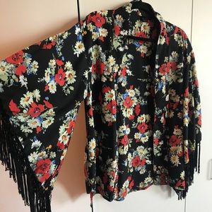 Floral & fringe boho kimono